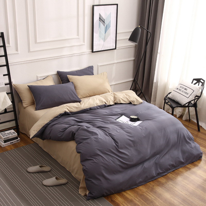 V888-ELOSUNG21508-202503031005-00 Dark Grey And Khaki Stitching Ultra-Soft Solid Color 4-Piece Bedding Set - Queen Size(Suitable for 2m bed) - Image 1