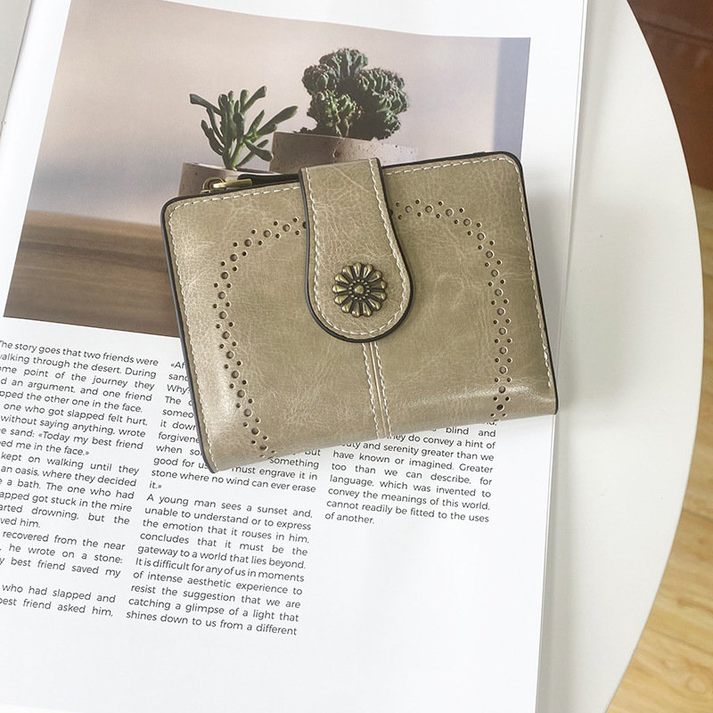 V888-ELOSUNG21561-202503051016-00 Grey Vintage PU Leather Women's Short Wallet - Elegant Zipper Coin Pocket Multi-Function Card Holder - Image 1