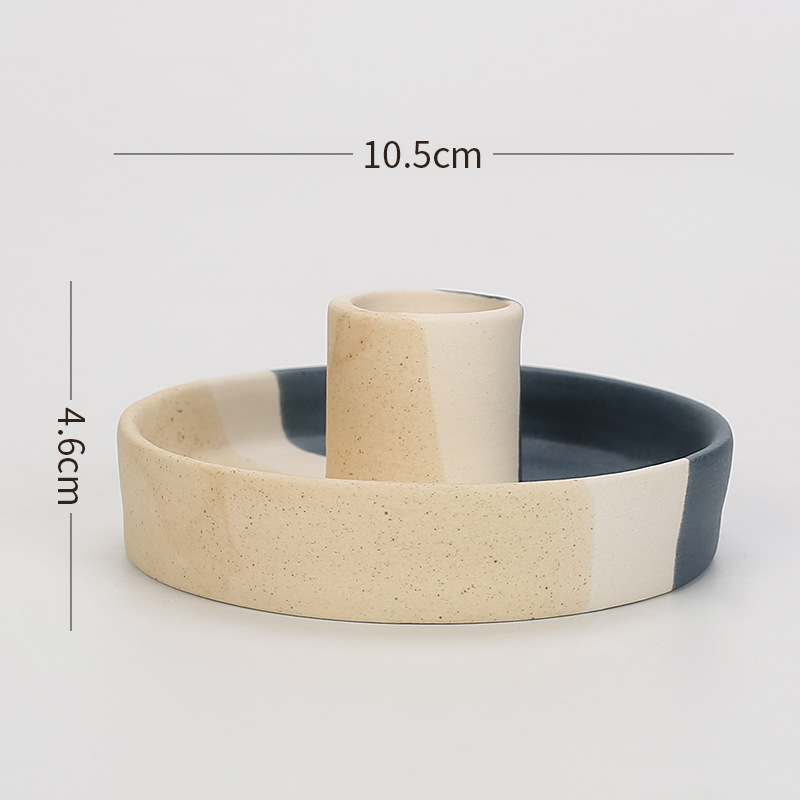 V888-ELOSUNG21574-202503051025-00 2 Pcs Blue, White And Yellow Stitching Straight Bottom Nordic Ceramic Candle Holder with Jewelry Dish - Elegant Minimalist Home Decor Piece - Image 1