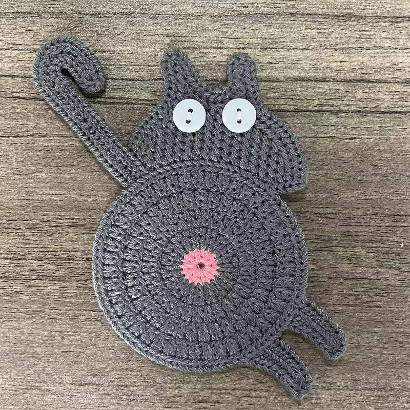 V888-ELOSUNG21700-202503111141-00 4 Pcs Grey Cute Cat Butt Knitted Coaster - Lightweight Crochet Drink Mat, 15x10cm - Image 1
