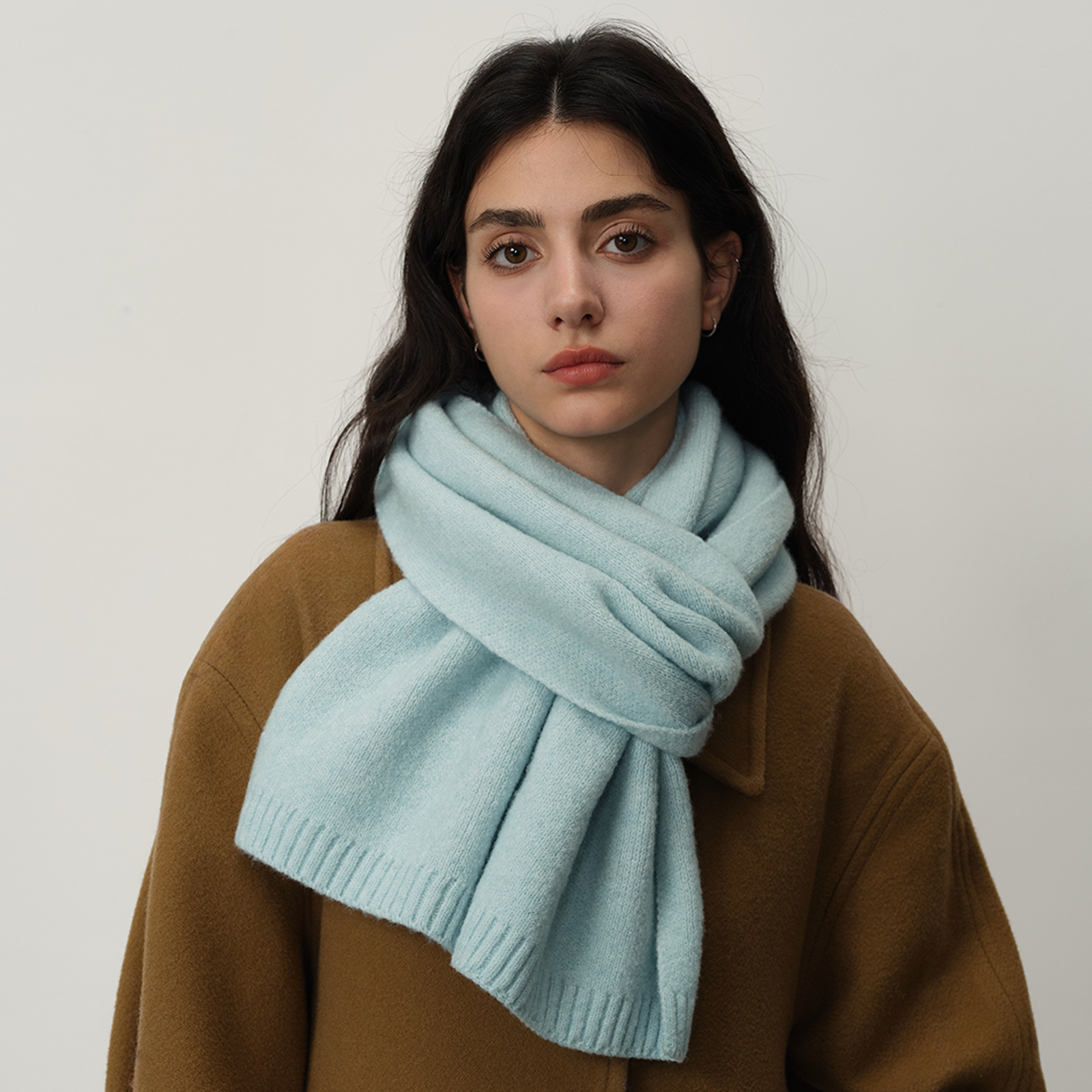 V888-ELOSUNG21738-202503111311-00 Blue Soft Wool-Blend Solid Color Knit Scarf for Women - Cozy Faux Cashmere Shawl - Image 1
