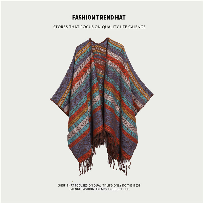 V888-ELOSUNG21756-202503111110-00 Orange Plaid Ethnic Boho Shawl for Women - Stylish Split Cape for Travel and Cooling Rooms - Image 1