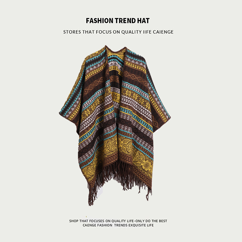 V888-ELOSUNG21757-202503111110-00 Brown Plaid Ethnic Boho Shawl for Women - Stylish Split Cape for Travel and Cooling Rooms - Image 1