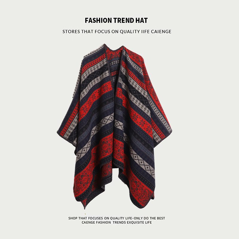 V888-ELOSUNG21759-202503111110-00 Red And Navy Ethnic Boho Shawl for Women - Stylish Split Cape for Travel and Cooling Rooms - Image 1