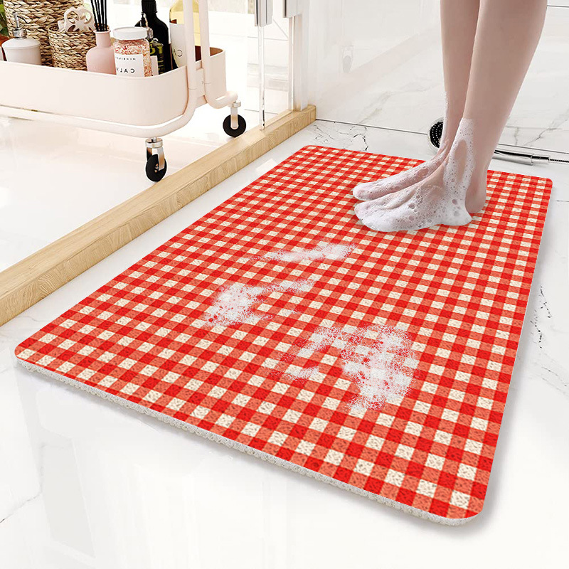 V888-ELOSUNG21811-202503121434-00 Red Plaid Pattern PVC Non-Slip Bath Mat 50x80cm - Shower Drain Hole Design, Soft & Quick-Dry Bathroom Rug - Image 1