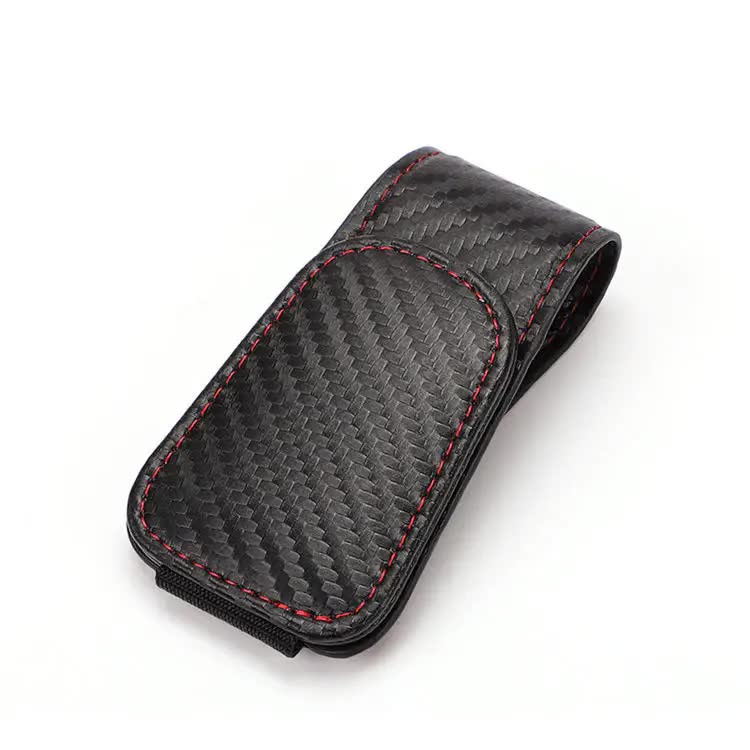 V888-ELOSUNG21824-202503121505-00 2 Pcs Black Carbon Fiber Pattern PU Leather Car Visor Sunglasses Holder - Multi-Functional Clip for Glasses, Cards & Tickets, 9.5x4.5cm - Image 1