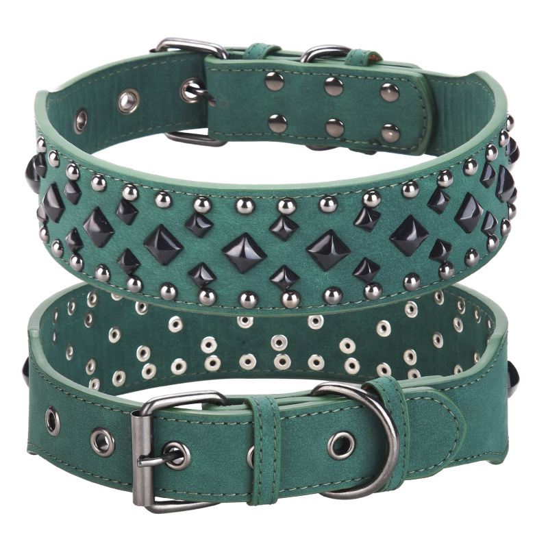 V888-ELOSUNG21862-202503131501-00 Size S Green 1 pack Stylish PU Leather Dog Collar with Spikes - Adjustable, Durable & Comfortable for Medium to Large Breeds - Image 1