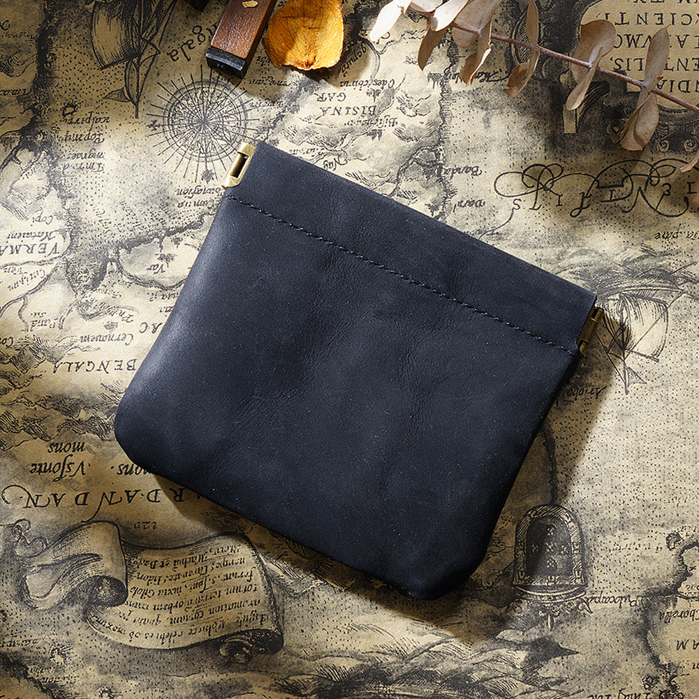 Black Genuine Leather Coin Purse - Vintage Style Snap Closure Mini Pouch
