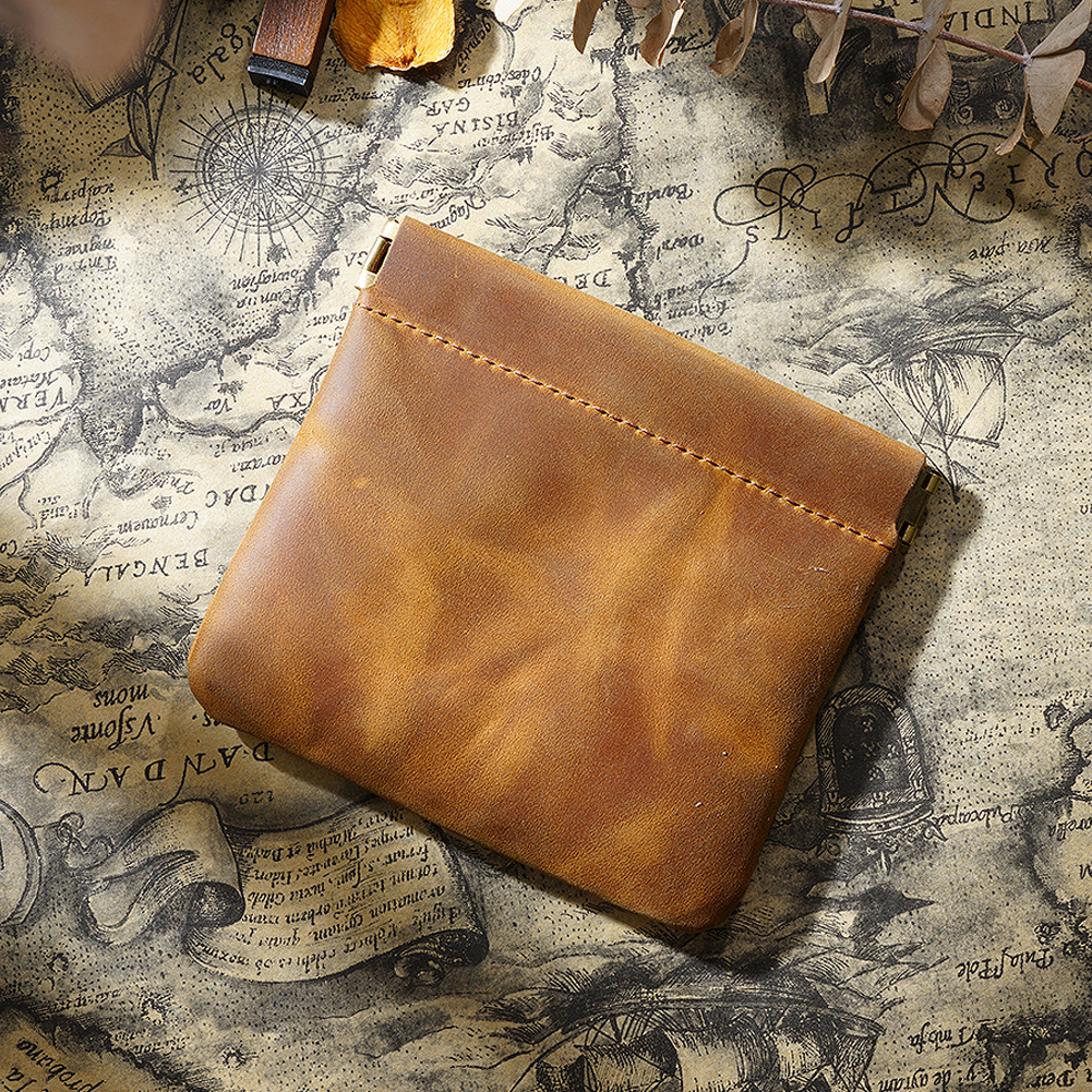 V888-ELOSUNG22165-202503181845-00 Brown Genuine Leather Coin Purse - Vintage Style Snap Closure Mini Pouch - Image 1