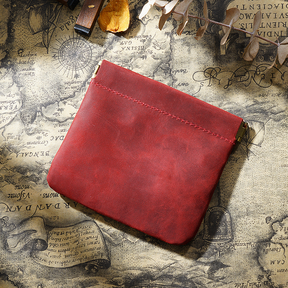 V888-ELOSUNG22168-202503181850-00 Wine Red Genuine Leather Coin Purse - Vintage Style Snap Closure Mini Pouch - Image 1