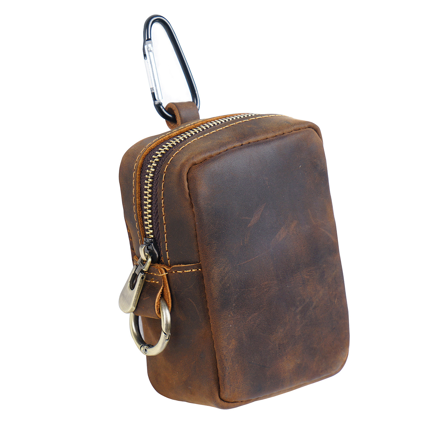 V888-ELOSUNG22172-202503181048-00 Coffee Genuine Leather Belt Pouch - Mini Waist Bag with Zipper and Carabiner - Image 1