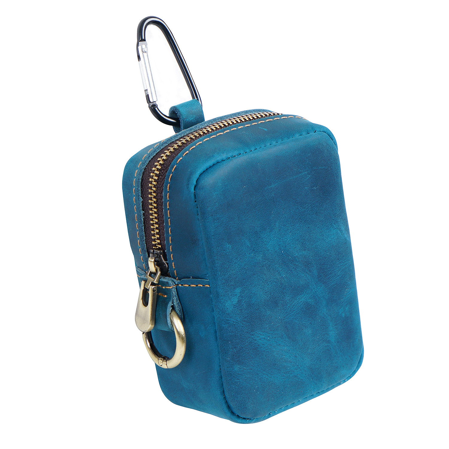 V888-ELOSUNG22175-202503181049-00 Blue Genuine Leather Belt Pouch - Mini Waist Bag with Zipper and Carabiner - Image 1
