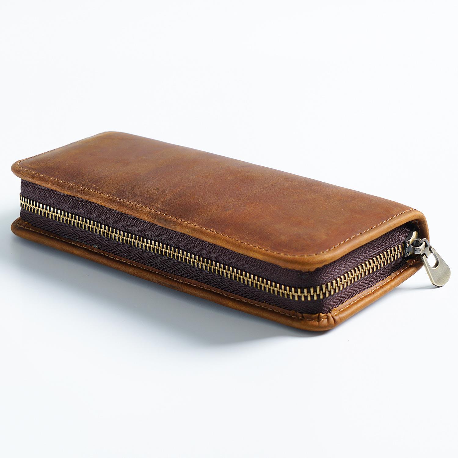 V888-ELOSUNG22177-202503181058-00 Brown Genuine Leather Pencil Case - Vintage Zip-Up Pen Holder with Elastic Loops - Image 1