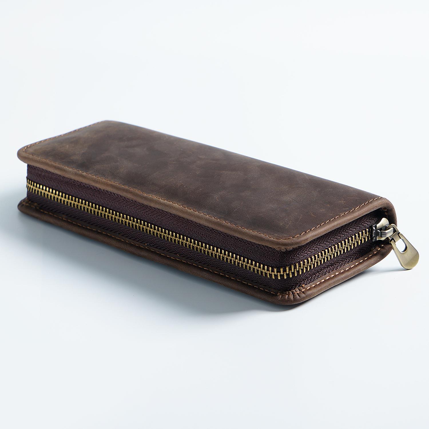 V888-ELOSUNG22178-202503181058-00 Coffee Genuine Leather Pencil Case - Vintage Zip-Up Pen Holder with Elastic Loops - Image 1