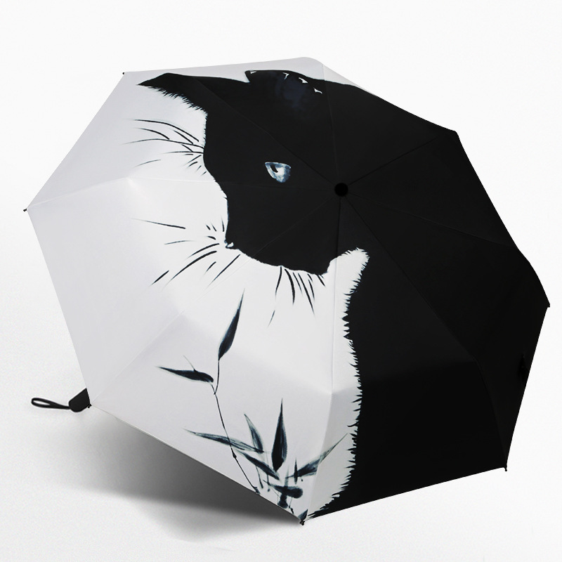 V888-ELOSUNG22262-202503211626-00 Black Cat With Flowers Outside Cute Cartoon Umbrella - Sun/Rain Umbrella - Image 1