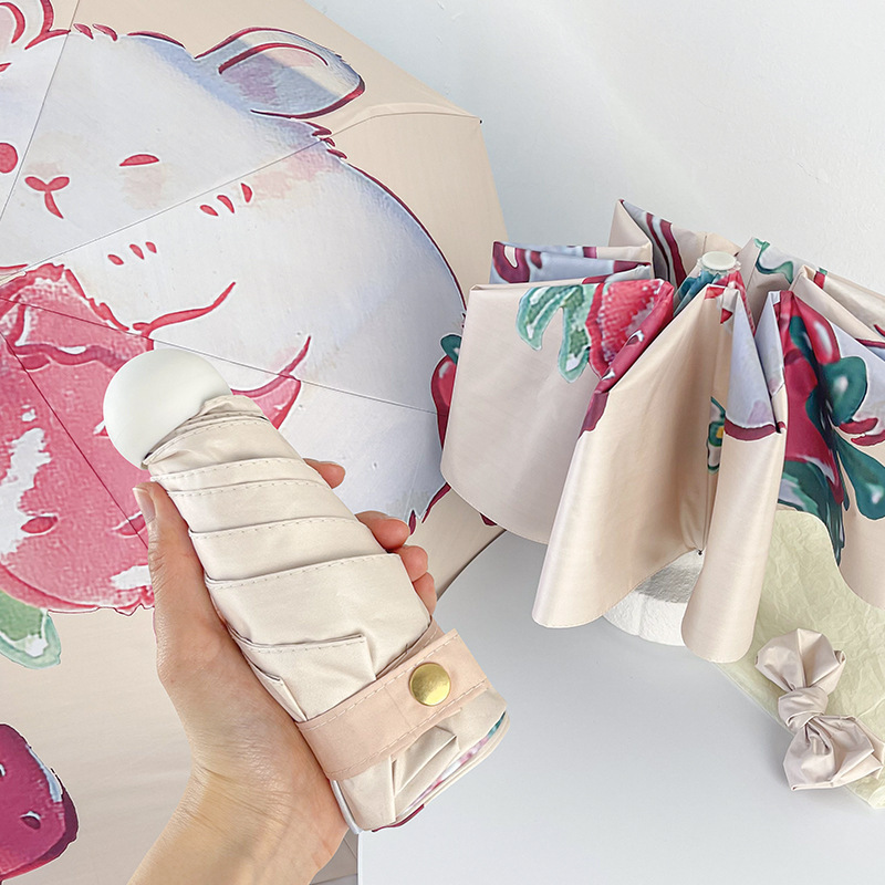 V888-ELOSUNG22292-202503211640-00 Strawberry Rabbit Mini 5-Fold Umbrella - Portable, Anti-UV, Black Glue Coating - Image 1