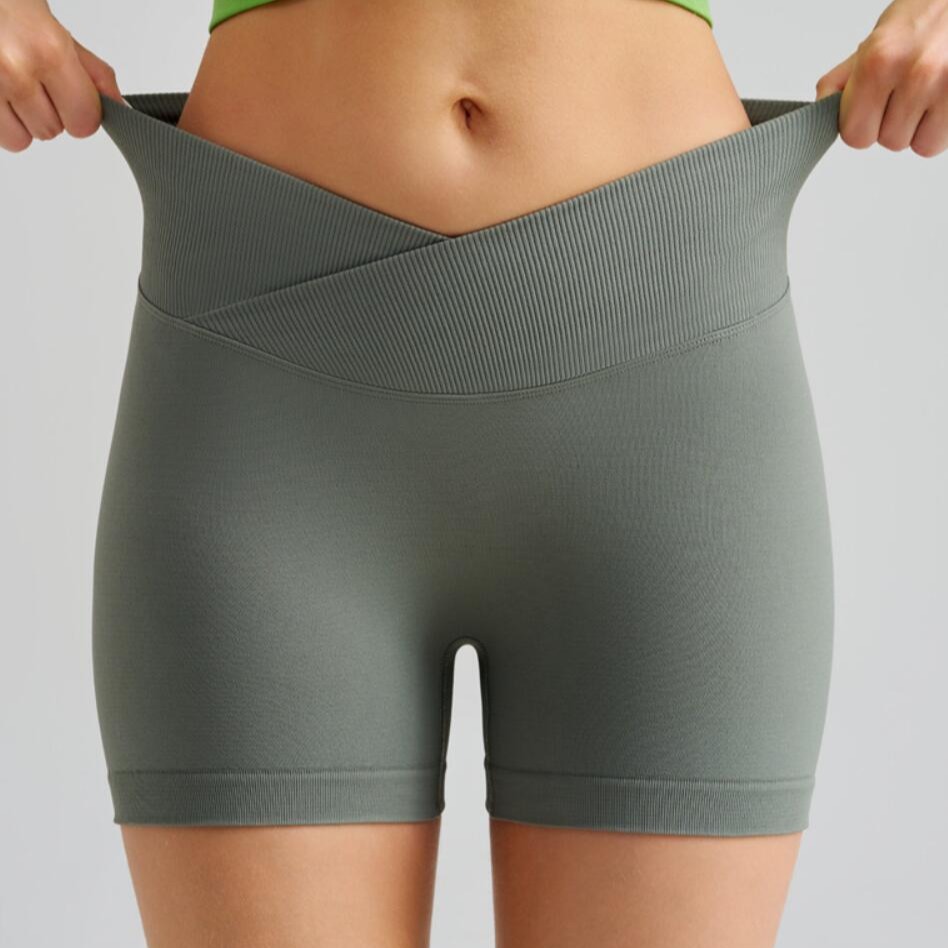 V888-ELOSUNG22301-202503211640-00 Grass Green Gray Yoga Shorts - Seamless, High Waist, Tummy Control Size S - Image 1
