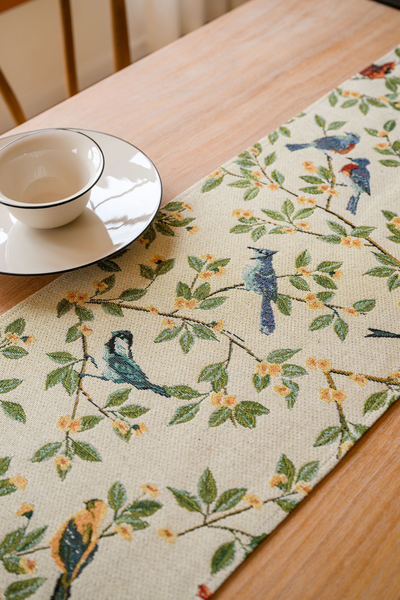 V888-ELOSUNG22370-202503251938-00 Birds & Branch Table Runner - Jacquard Woven Beige with Tassels(33X200CM) - Image 1