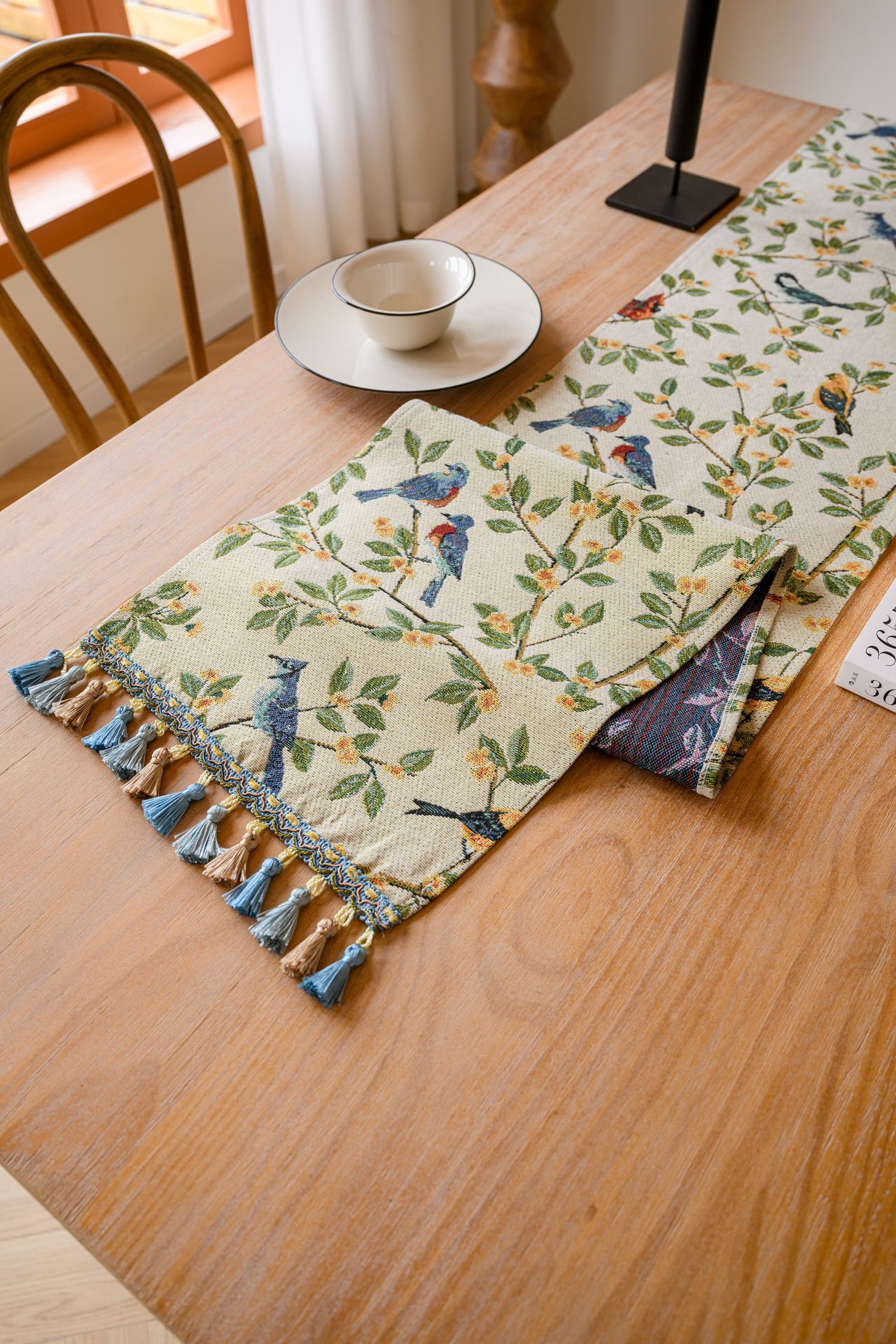 V888-ELOSUNG22371-202503251940-00 Birds & Branch Table Runner - Jacquard Woven Beige with Tassels(33X220CM) - Image 1