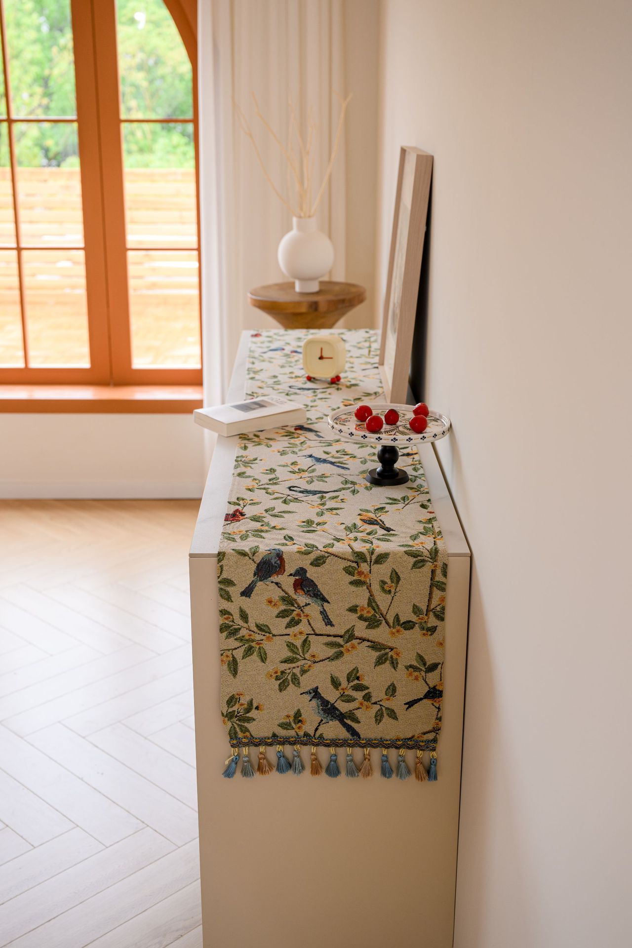 V888-ELOSUNG22372-202503251941-00 Birds & Branch Table Runner - Jacquard Woven Beige with Tassels(33X240CM) - Image 1