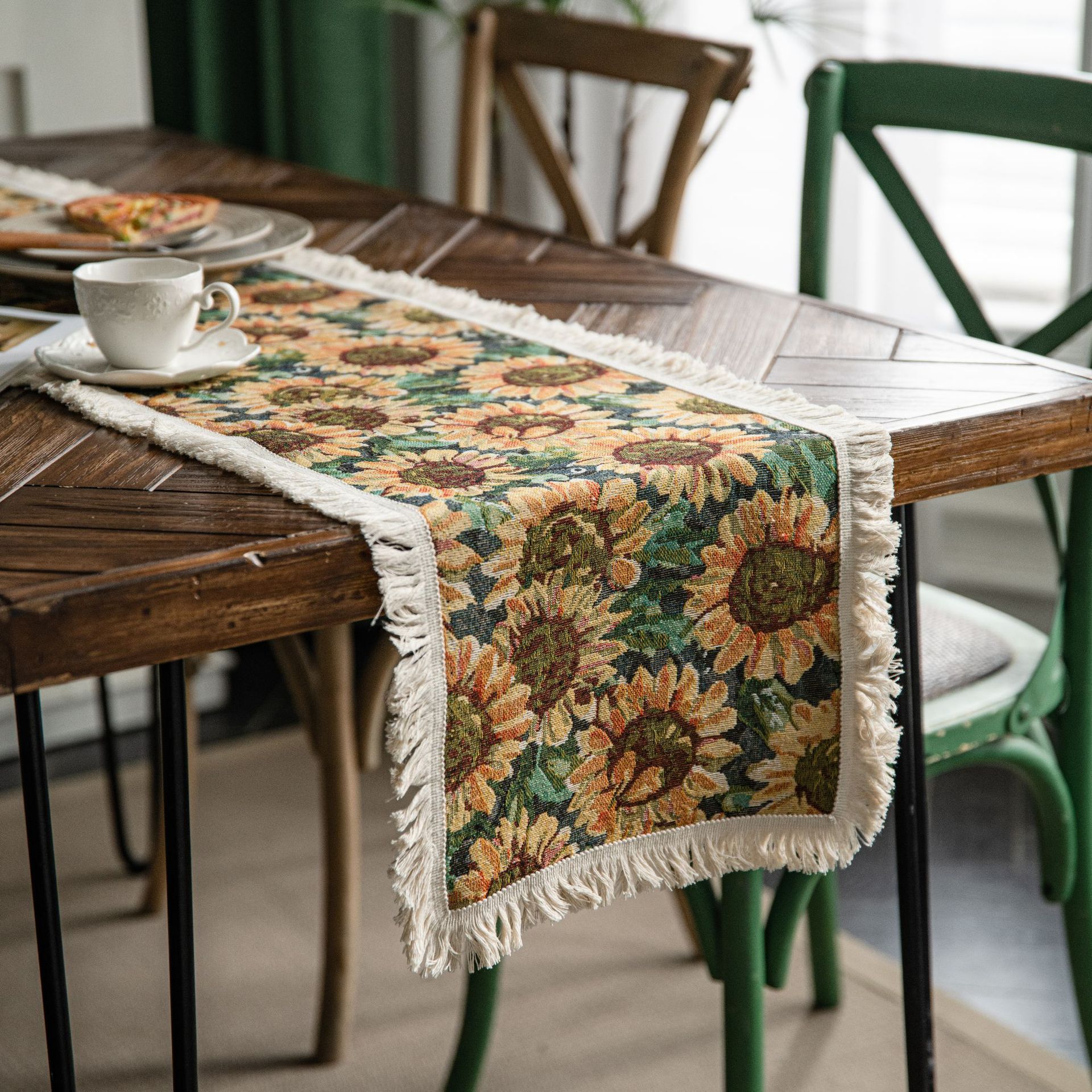 V888-ELOSUNG22385-202503251819-00 Sunflower Table Runner with Fringe - Jacquard Woven Cotton Blend (30x300cm) - Image 1
