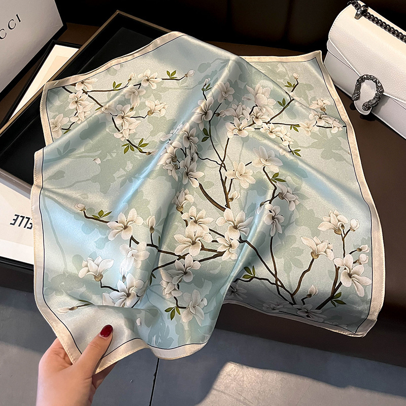 V888-ELOSUNG22473-202503251743-00 Blue Pure Silk Scarf - Elegant Flower Design, Square Handkerchief (Style 8) - Image 1