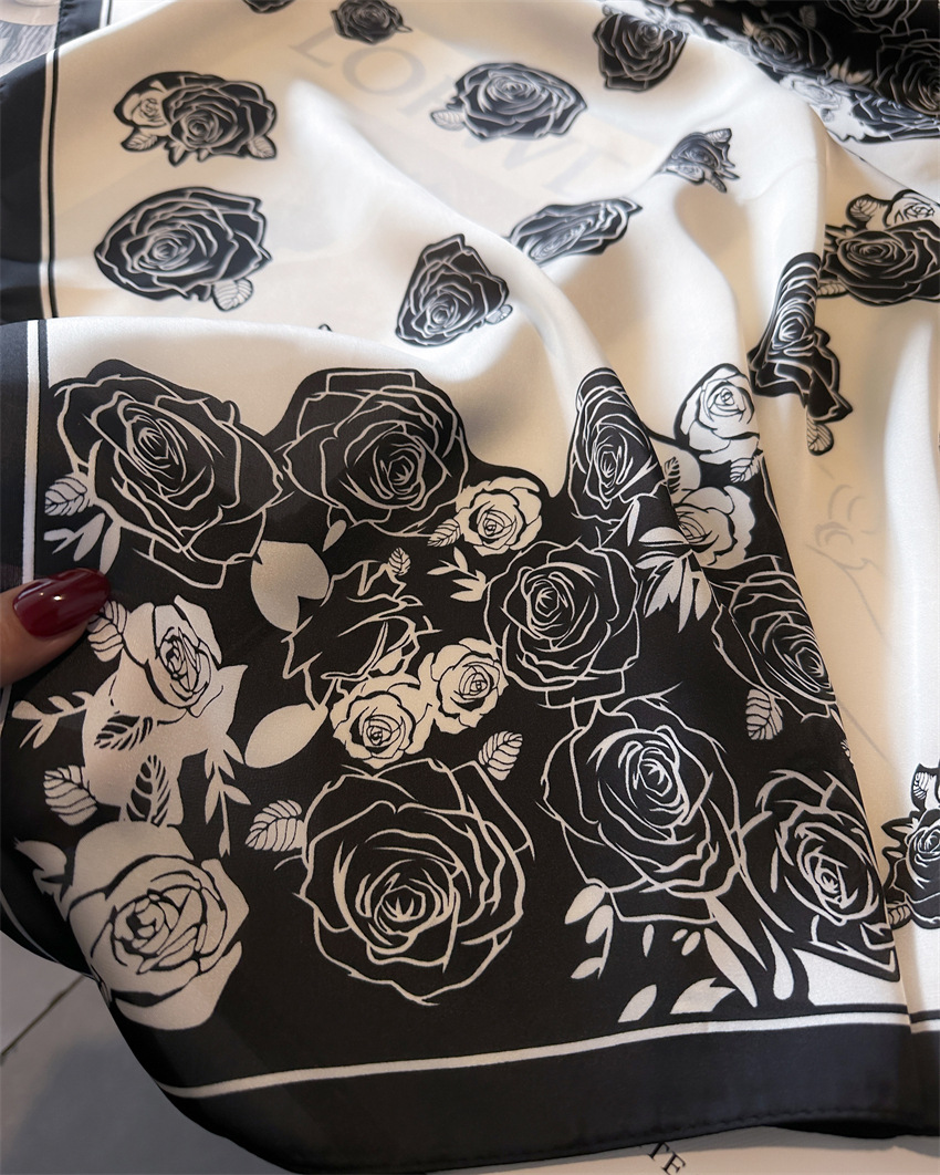 V888-ELOSUNG22475-202503251812-00 Black Pure Silk Scarf - Elegant Flower Design, Square Handkerchief (Style 10) - Image 1