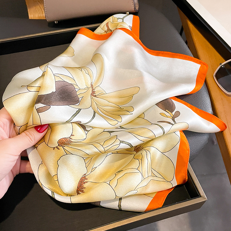 V888-ELOSUNG22601-202503282018-00 Orange Corner 53cm Silk Scarf - 100% Mulberry Silk, Floral Print, Women's Square Scarf Shawl (Style 3) - Image 1