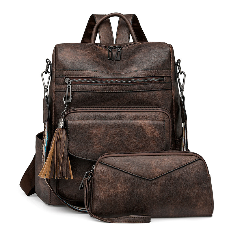 V888-ELOSUNG22649-202503282132-00 Coffee Rough Grain Fashionable Women's Backpack Set - With Coin Purse and Tassels - Image 1