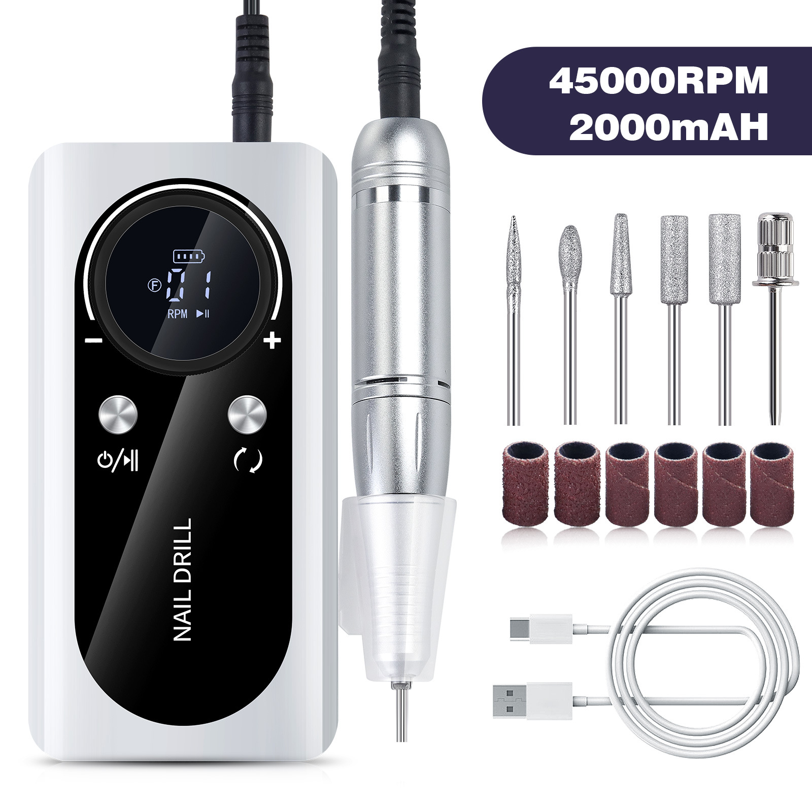 V888-ELOSUNG22691-202504011225-00 White Professional 45000RPM Rechargeable Nail Drill - Portable Electric Nail File for Manicure & Pedicure - Image 1