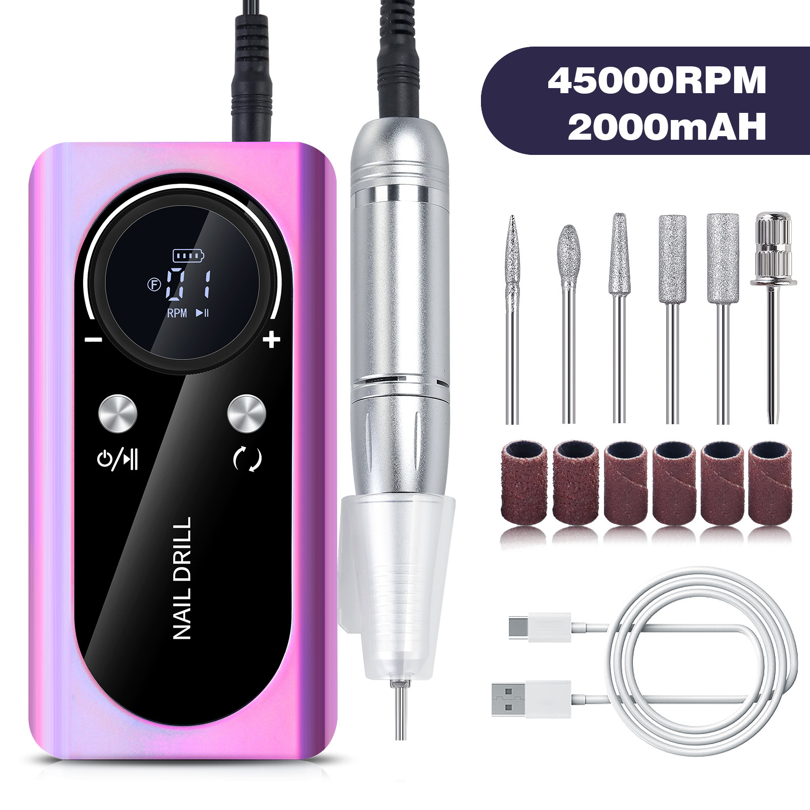 V888-ELOSUNG22693-202504011226-00 Purple Professional 45000RPM Rechargeable Nail Drill - Portable Electric Nail File for Manicure & Pedicure - Image 1