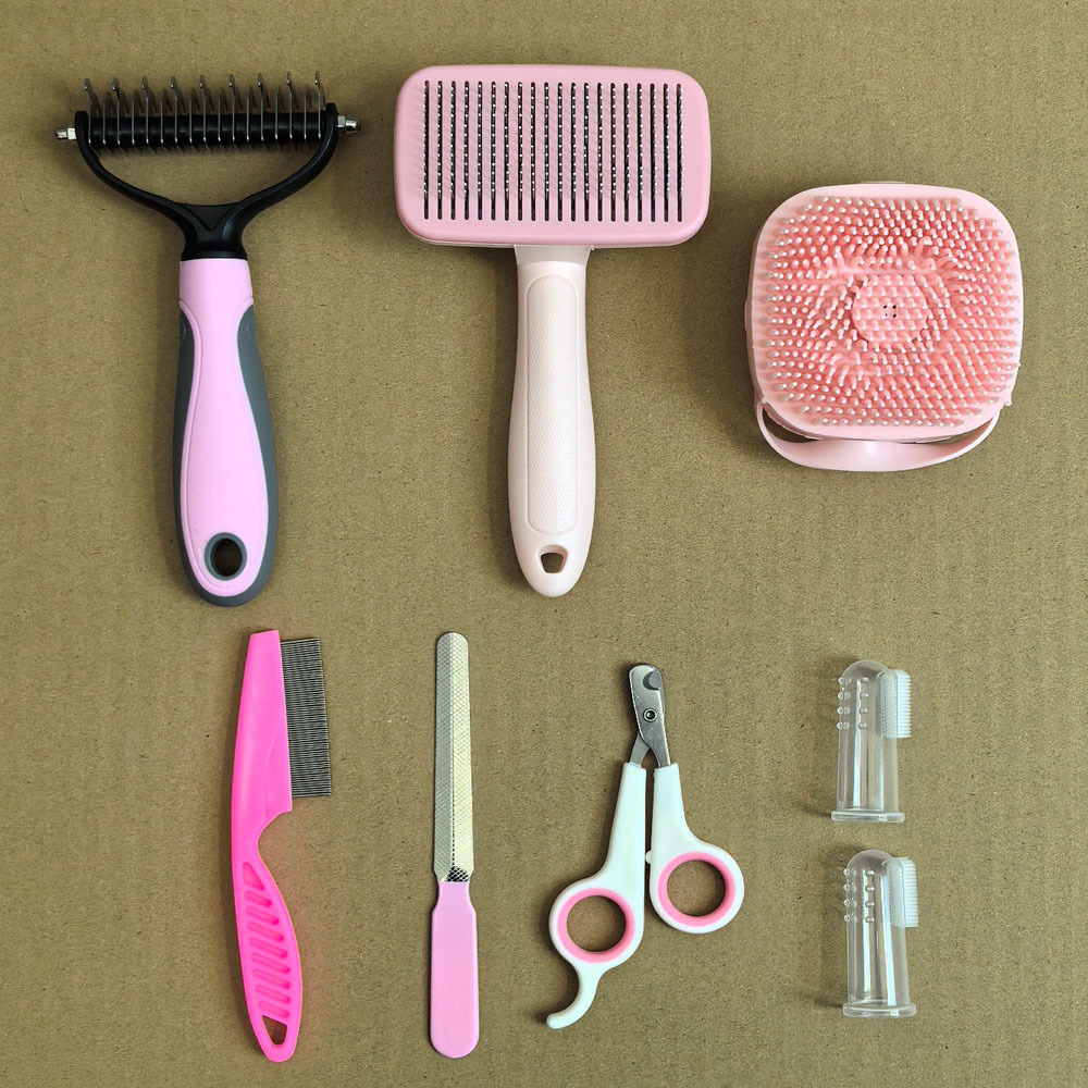 V888-ELOSUNG22759-202504011231-00 Pink 8-Piece Pet Grooming Tool Set - Brushes, Nail Clippers & More - Image 1