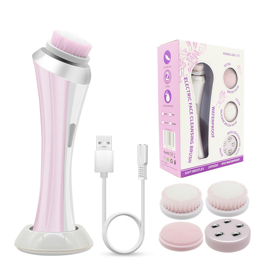 V888-ELOSUNG22779-202504031735-00 Pink Rechargeable Facial Cleansing Brush Kit with 4 Heads & Charging Dock - Image 1