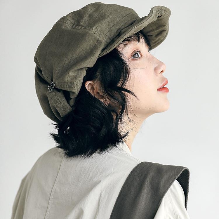 V888-ELOSUNG22879-202504141725-00 Harajuku Green Women's Vintage Style Baker Boy Cap - Soft Cotton Linen Blend - Image 1