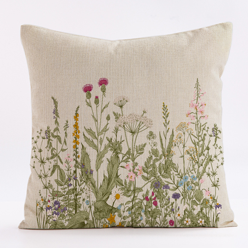 V888-ELOSUNG22901-202504141423-00 Style 3 Wildflower Linen Pillow Cover - Botanical Print Cushion Case (Three piece set: 45x45cm) - Image 1