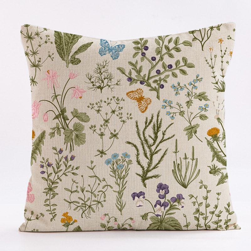 V888-ELOSUNG22902-202504141423-00 Style 4 Wildflower Linen Pillow Cover - Botanical Print Cushion Case (Three piece set: 45x45cm) - Image 1