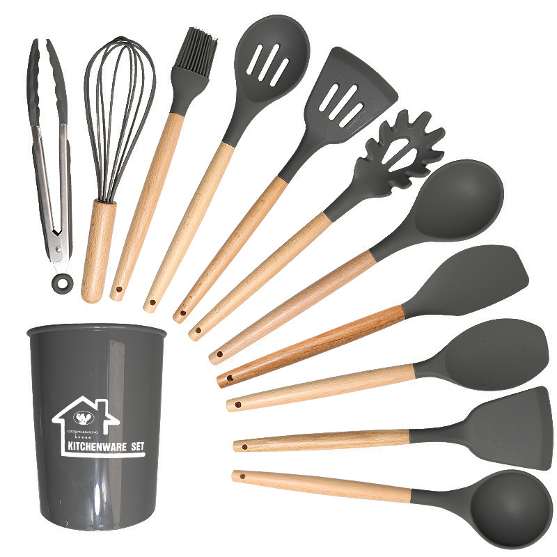 V888-ELOSUNG23151-202503251517-00 Dark Grey And Brown 12-Piece Silicone Kitchen Utensil Set - Non-Stick Food-Grade Silicone Cooking Tools with Wooden Handles and Holder - Image 1