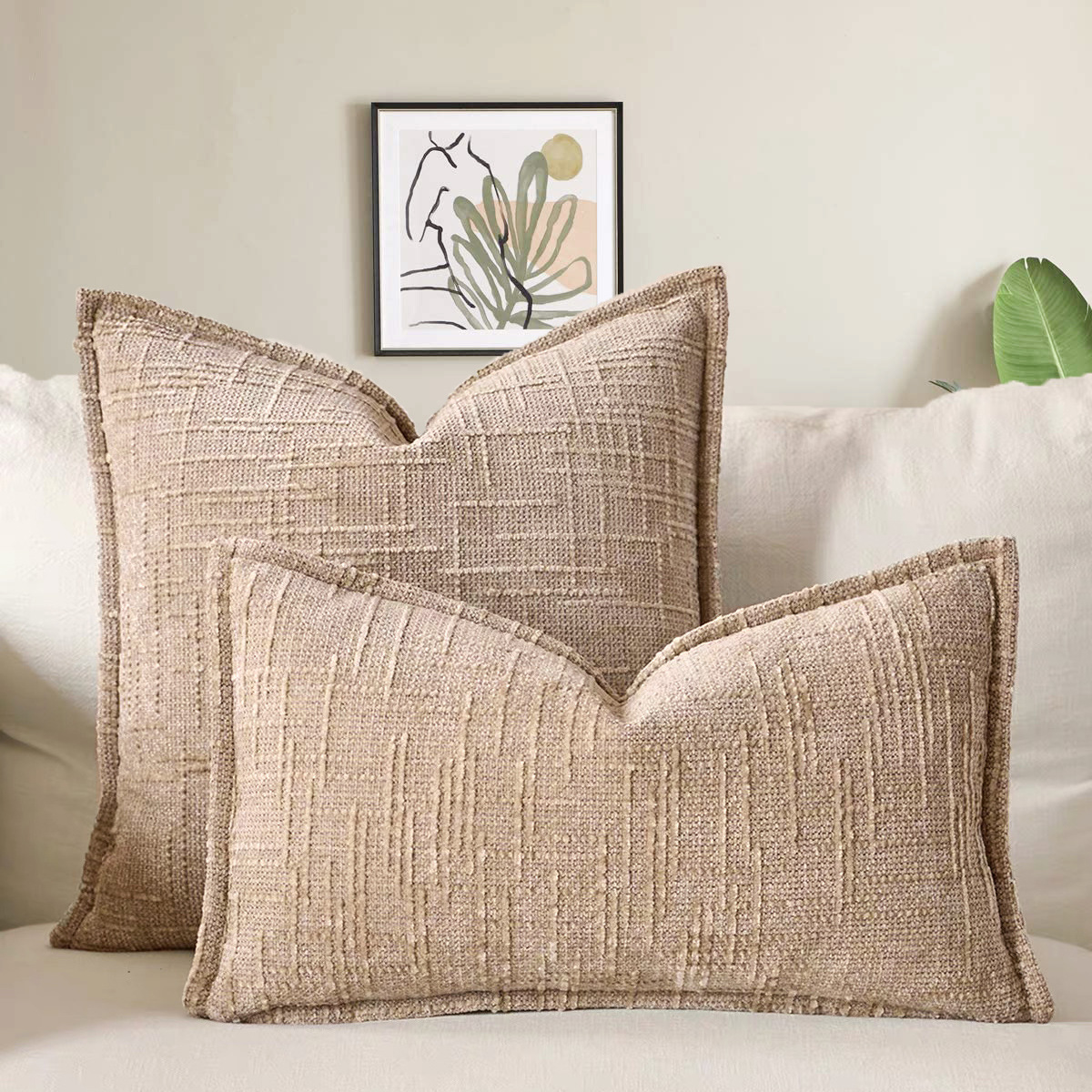 V888-ELOSUNG23274-202503251509-00 Khaki Chenille Crosshatch Textured Pillow Covers Set of 2 - Modern Minimalist Sofa Bed Cushion Covers 45x45cm & 30x50cm(without pillow core) - Image 1