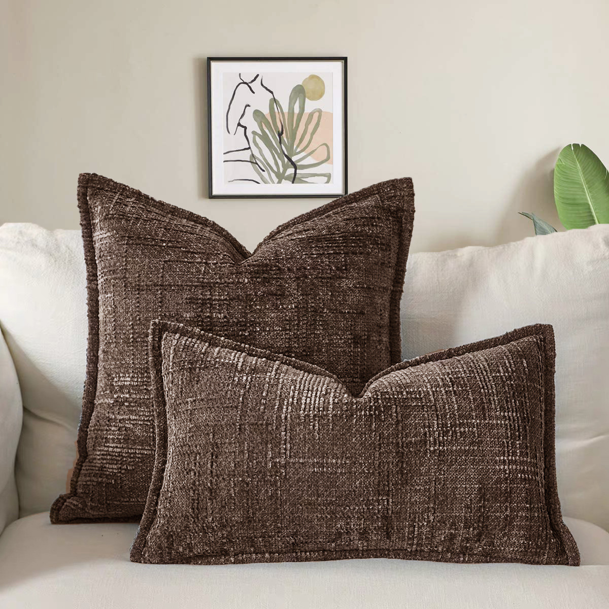 V888-ELOSUNG23278-202503251515-00 Coffee Chenille Crosshatch Textured Pillow Covers Set of 2 - Modern Minimalist Sofa Bed Cushion Covers 45x45cm & 30x50cm(without pillow core) - Image 1