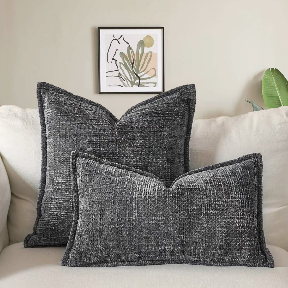 V888-ELOSUNG23281-202503251516-00 Dark Grey Chenille Crosshatch Textured Pillow Covers Set of 2 - Modern Minimalist Sofa Bed Cushion Covers 45x45cm & 30x50cm(without pillow core) - Image 1
