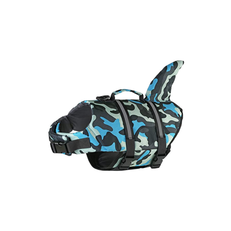 V888-ELOSUNG23322-202503251800-00 Size XL Blue Camouflage Pattern Pet Life Jacket for Dogs - Summer Swimming Safety Vest with Shark Fin for Small to Large Breeds - Image 1