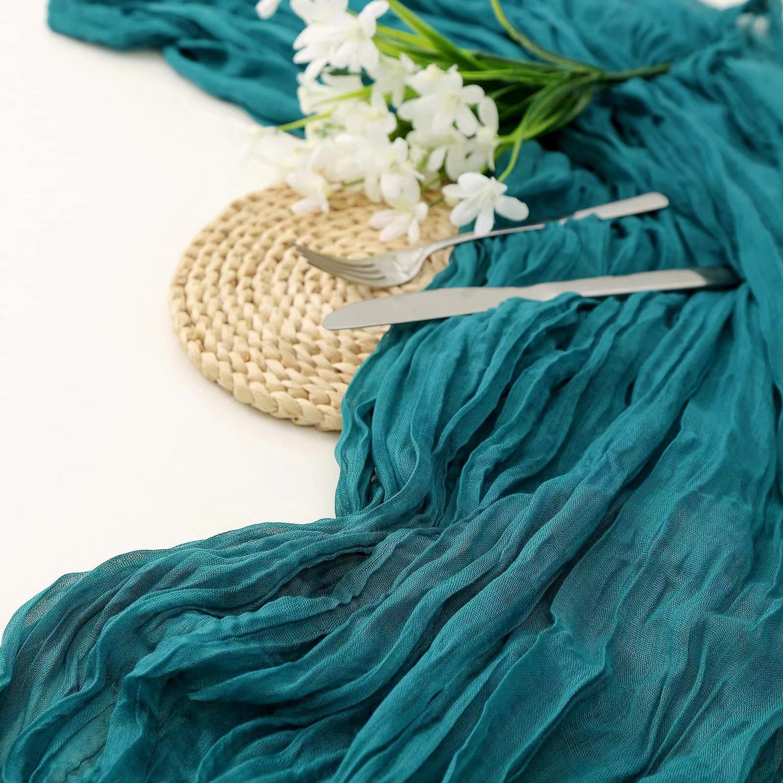 Peacock Blue Bohemian Gauze Table Runner 2-Pack - Polyester Fabric for Party and Birthday Table Decor