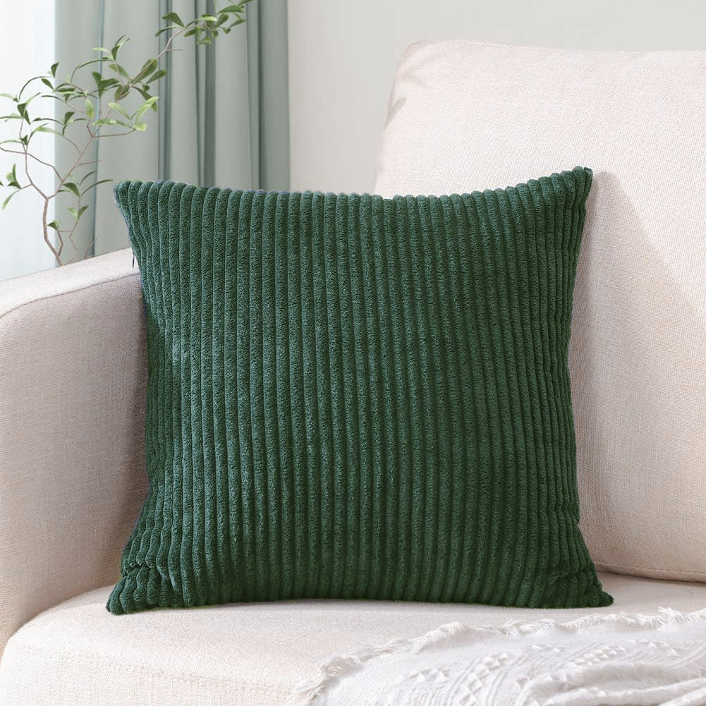 V888-ELOSUNG234485-202503282127-00 Dark Green Plush Striped Pillow Covers 45x45cm - Set of 4 Corduroy-Style Cushion Covers with Invisible Zipper, Soft and Washable for Sofa Decor - Image 1