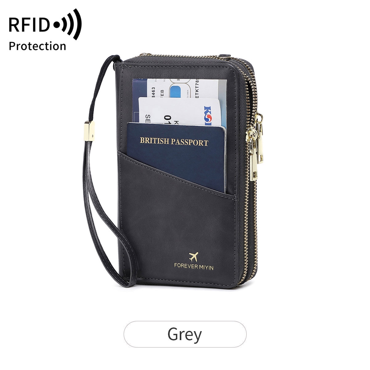 V888-ELOSUNG23524-202504011207-00 Dark Grey RFID Blocking Passport Wallet - Multi-Function Travel Organizer with Double Zipper and Crossbody Strap - Image 1