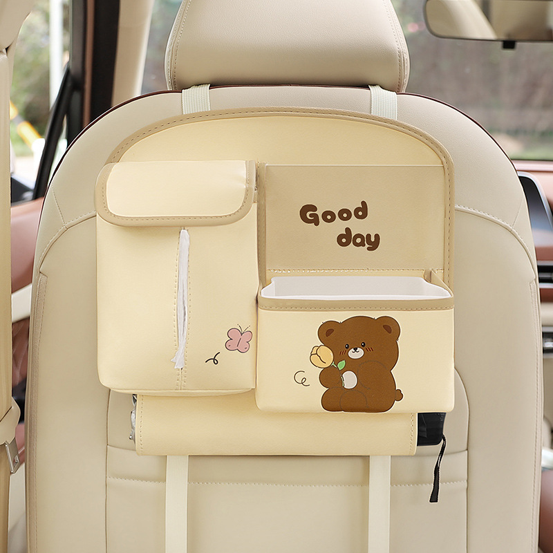 V888-ELOSUNG23533-202504011230-00 Beige Cute Cartoon Car Backseat Organizer with Multi-Pocket Storage and PP Trash Bin - 400g Lightweight PU Leather - Image 1