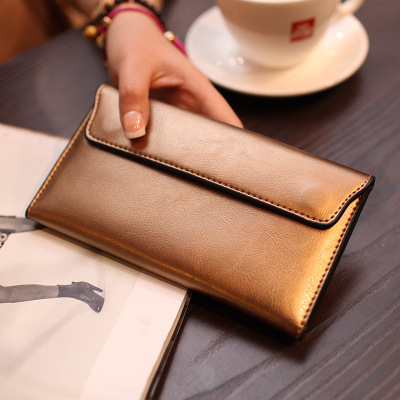 V888-ELOSUNG23543-202504031706-00 Gold Women's Genuine Leather Long Wallet - Slim Business Clutch with Snap Closure, Multi-Card Holder - Image 1
