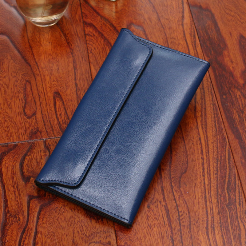 V888-ELOSUNG23544-202504031706-00 Blue Women's Genuine Leather Long Wallet - Slim Business Clutch with Snap Closure, Multi-Card Holder - Image 1
