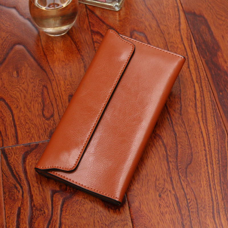 V888-ELOSUNG23545-202504031706-00 Brown Women's Genuine Leather Long Wallet - Slim Business Clutch with Snap Closure, Multi-Card Holder - Image 1
