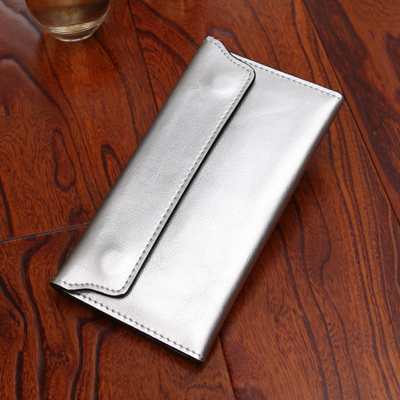 V888-ELOSUNG23546-202504031706-00 Silver Women's Genuine Leather Long Wallet - Slim Business Clutch with Snap Closure, Multi-Card Holder - Image 1