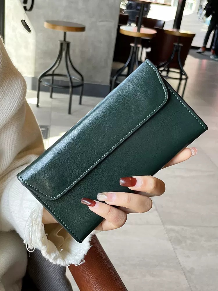 V888-ELOSUNG23547-202504031706-00 Dark Green Women's Genuine Leather Long Wallet - Slim Business Clutch with Snap Closure, Multi-Card Holder - Image 1
